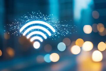 Poster - Waves of wireless signals radiate from a modern device in an urban setting, illustrating the concept of seamless connectivity in technology