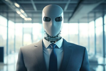 Poster - Robotic corporate executive in business suit . A robot dressed in a formal suit and tie, exuding a professional and sophisticated appearance.