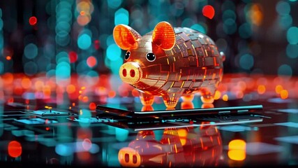 Poster - Digital piggy bank represents savings and investment in a modern, tech-driven world filled with colorful lights