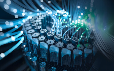 Poster - Data Flow and Connection: An abstract, almost otherworldly image of intricate fiber optic cables glowing with vibrant blue and green light.