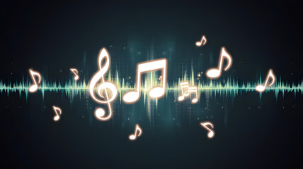 Poster - Musical Waveform: Glowing musical notes dance above a vibrant teal waveform, creating a dynamic and energetic visual representation of sound and music.