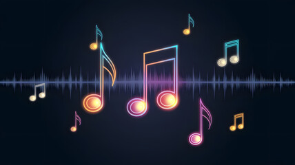 Poster - Neon Music Notes: A vibrant and energetic abstract illustration of neon music notes soaring against a dark background, creating a visual representation of sound and rhythm. 