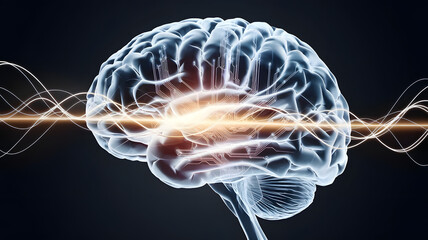 Poster - Brainwaves and Neural Connections: A captivating digital illustration depicting a glowing human brain bathed in a mesmerizing flow of energy waves.