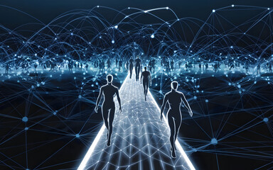Poster - Digital Path: Silhouettes of figures walk a luminous path, surrounded by a vast network of interconnected nodes.