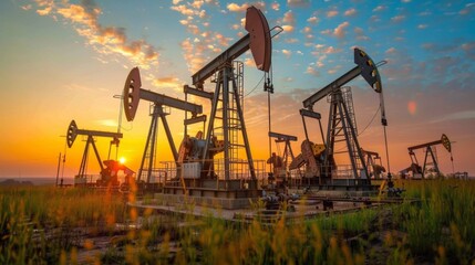 Aufkleber - Multiple oil pumps work efficiently against a breathtaking sunset, surrounded by lush grass, highlighting the extraction of natural resources in a rural area.