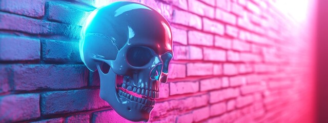 Wall Mural - On a brick wall, a skull with fiery eyes glows, encircled by red and blue lights