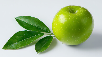 Canvas Print - Fresh green apple with water droplets and a leaf resting on a white background