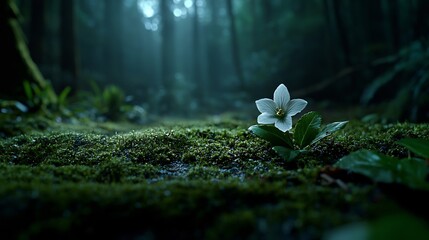 Wall Mural - White Flower Amidst Green Moss in a Dark Forest