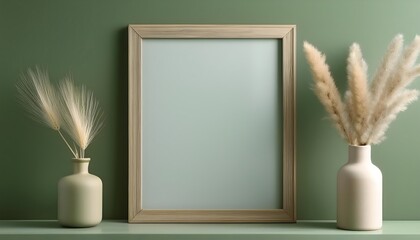 Wall Mural - Blank picture frame mockup wall art posters on a green fresh wall with decorative items