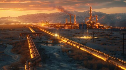 Leinwandbilder - A vast oil refinery is bathed in the warm hues of sunset, with its towering structures and pipelines stretching across the arid landscape, framed by majestic mountains in the background.