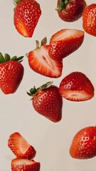 Aufkleber - Ripe red strawberries and vibrant slices floating against a light background, creating a dynamic and fresh visual. Juicy and sweet, these organic fruits evoke summer's essence