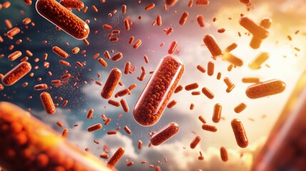 Poster - Vibrant Bacterial Cells Floating Against Dramatic Lighting Background
