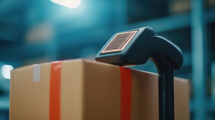 Poster - Barcode Scanner on Cardboard Box in Warehouse Environment