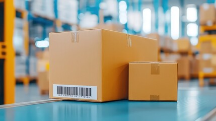 Poster - Brown Shipping Boxes on Conveyor Belt in Busy Warehouse Environment