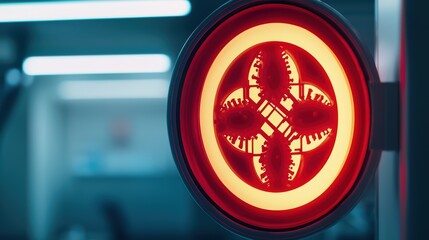 Poster - Red Circular Sign with Intricate Design and Illuminated Background