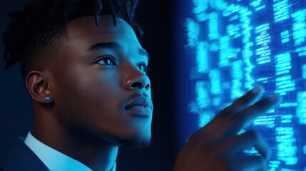 Poster - Young businessman examining digital data on a glowing screen
