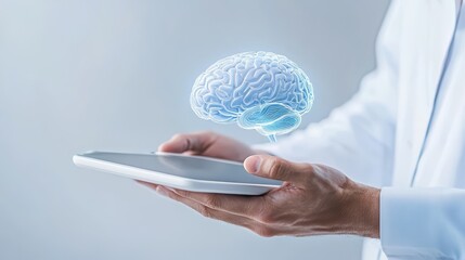 Poster - Human Hand Holding Tablet with Floating Brain Illustration Concept