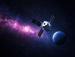 Wall Mural - spacecraft orbiting a blue planet with cosmic background and stars