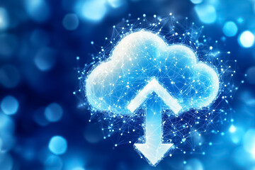 Poster - A single white cloud features a digital upload arrow symbolizing data transfer in a blue background filled with glowing dots