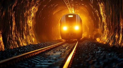 Poster - Train Approaching Through Illuminated Tunnel with Glowing Lights