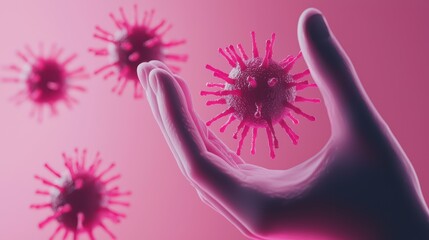 Poster - Hand Holding Virus Model on Pink Background with Other Viruses Nearby