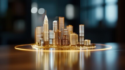 Poster - Modern Cityscape Model with Glowing Lights and Reflections