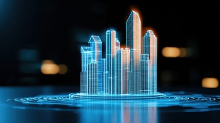 Poster - Futuristic Cityscape Illustration with 3D Glow and Digital Elements