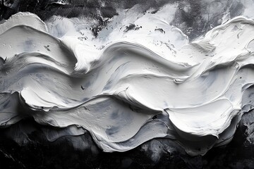 Poster - Textured white paint creating wave-like patterns on a dark canvas in an abstract art setting