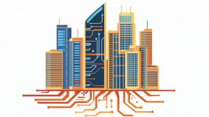 Poster - Futuristic Cityscape with Technology Circuit Board Elements