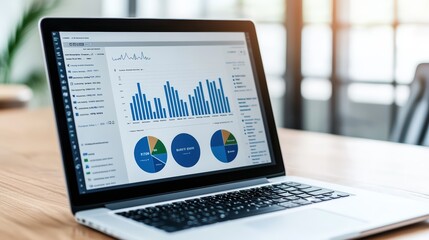 Poster - Laptop with Data Analysis Charts on Screen in Modern Workspace