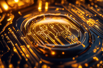 Poster - Water droplet transforms into vibrant circuit patterns illuminated with golden hues showcasing the blend of nature and technology