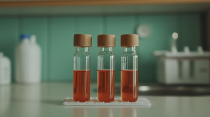 Poster - three glass laboratory vials with orange liquid on table surface