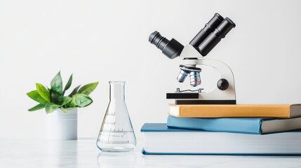 Poster - laboratory microscope with books and flask on clean table surface