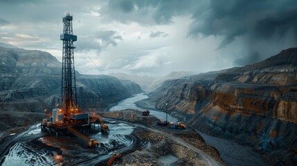 Fototapete - A drilling rig operates in a rugged landscape surrounded by steep cliffs and a winding river. Heavy machinery is visible amidst darkening skies, indicating an impending storm.