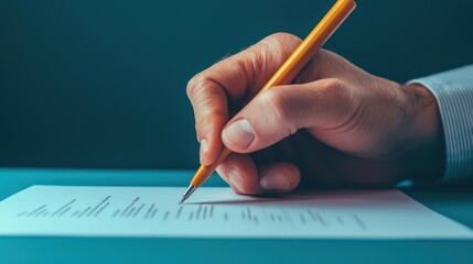 Poster - Hand Holding Yellow Pencil Writing on Paper Document in Office