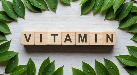 Wall Mural - Vitamin blocks surrounded by green leaves. Wooden blocks spelling vitamin with leaves around. Vitamin word on wooden blocks with green leaves frame