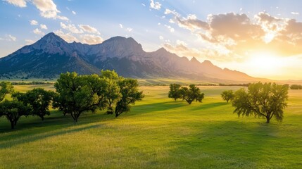 Poster - Scenic Sunrise Over Green Fields and Mountains in Colorado Landscape