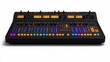 © STwul - Studio audio mixer console, colorful lights, white background, music production
