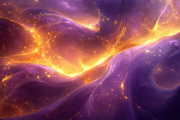 Aufkleber - Abstract cosmic landscape with swirling nebulae, vibrant purple and golden hues, and glittering stardust.