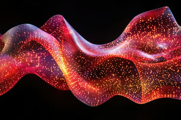 Poster - Abstract glowing red and orange wave with embedded particles, resembling a flowing fabric of light.