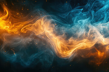 Poster - Abstract art depicting swirling orange and blue smoke, resembling a cosmic nebula or fiery clash.
