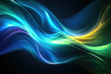 Aufkleber - Abstract glowing waves of blue, green, and yellow flowing across a dark background.
