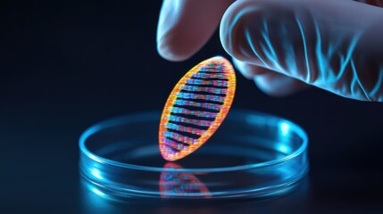 Poster - Hand Holding Microchip Over Petri Dish in Laboratory Setting