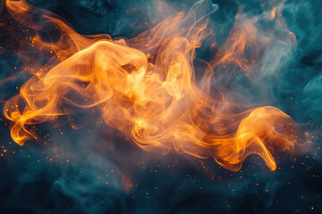 Poster - Abstract image of swirling orange and blue smoke with golden sparks, creating a mystical and ethereal atmosphere.