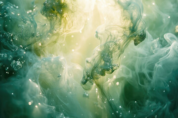 Leinwandbilder - Abstract green and silver ink swirling in water, creating ethereal, dreamy patterns with light.