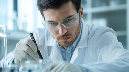 Poster - scientist in laboratory conducting experiment with test tubes