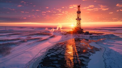 Poster - Sunlight casts vibrant hues across the sky and snow covered terrain as an oil rig operates amidst icy surroundings, creating a striking visual contrast during twilight.