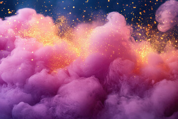 Aufkleber - Pink and purple smoke clouds with golden glitter particles, creating a magical, ethereal atmosphere.