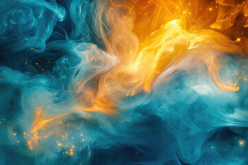 Poster - Abstract art depicting swirling teal and golden smoke, resembling a celestial nebula with glittering stars.