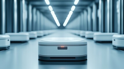 Poster - Autonomous Robots in Modern Warehouse with Futuristic Ambient Lighting